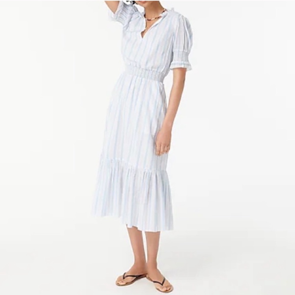 EUC J Crew Blue stripe Smocked Ruffle Dress cotton voile lined AW792 sz S